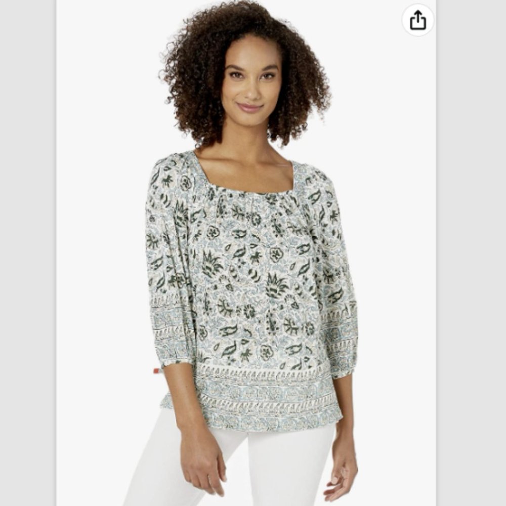 Lucky Brand Women's Square Neck Border Print Peasant Top M
